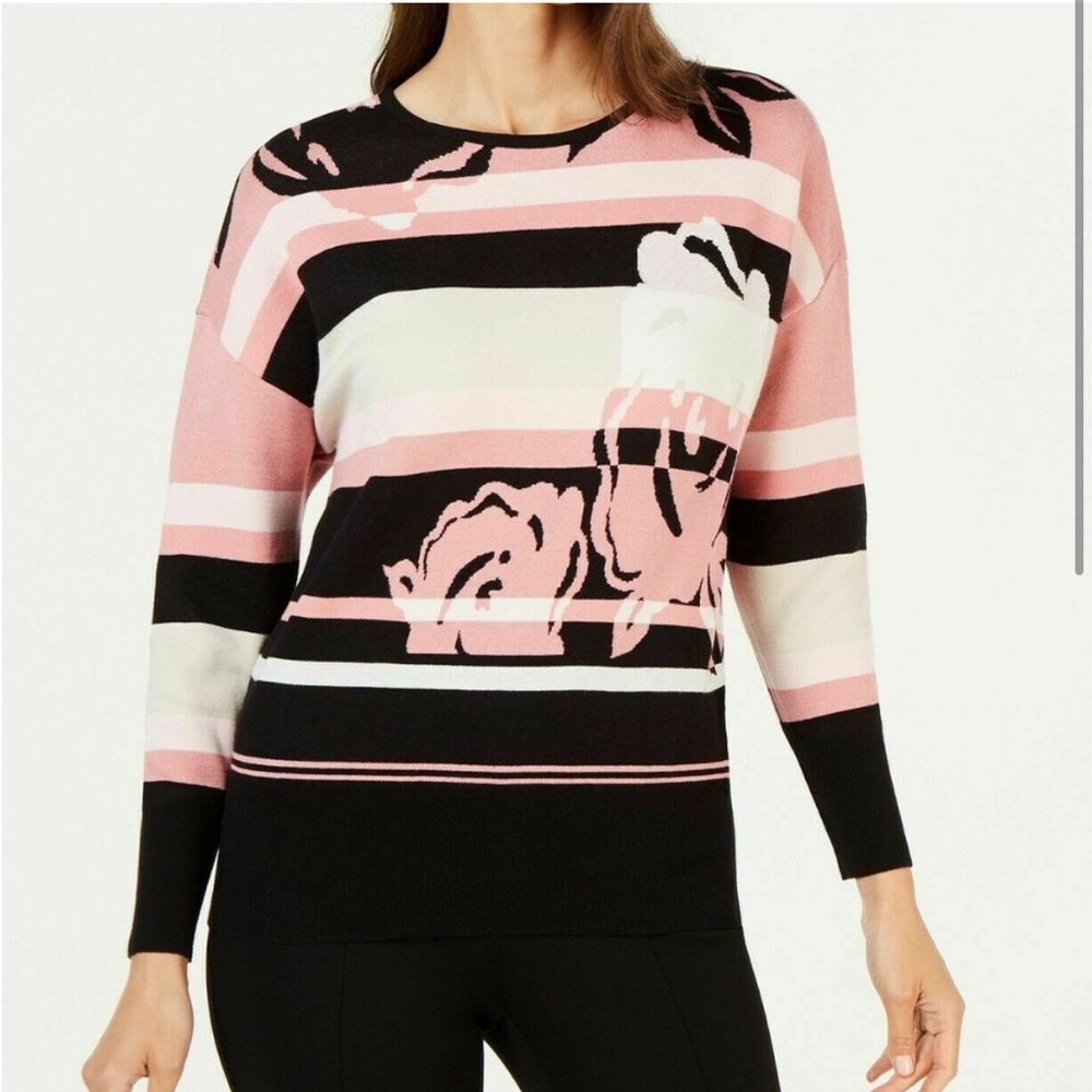 ⭐️ Alfani Sweater Black Pink Floral Striped Women Large A3